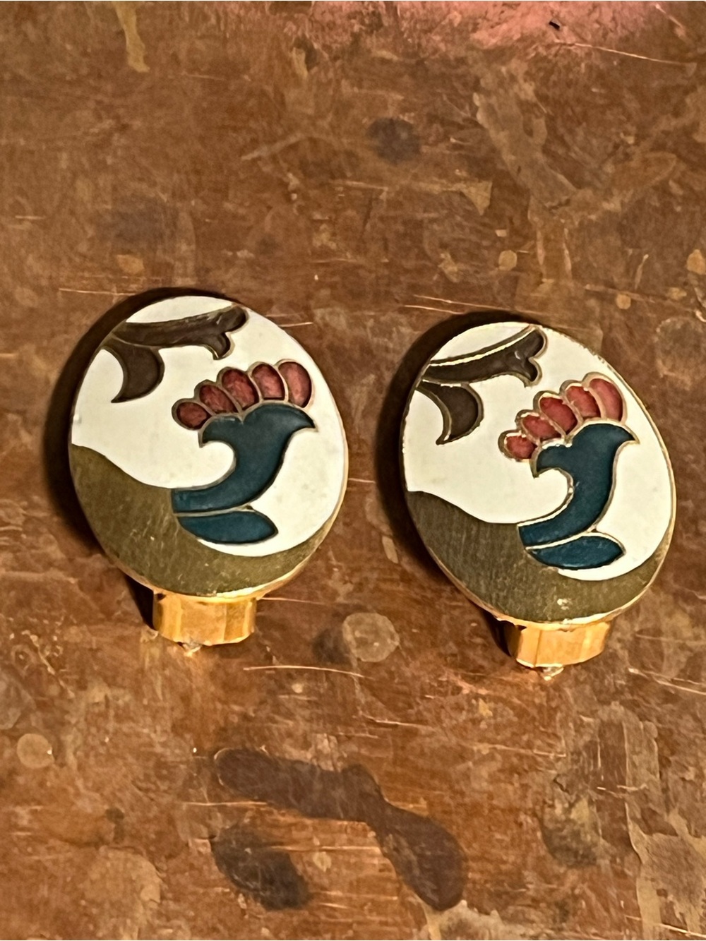Enamel Floral Clip-On Earrings in Teal & Coral